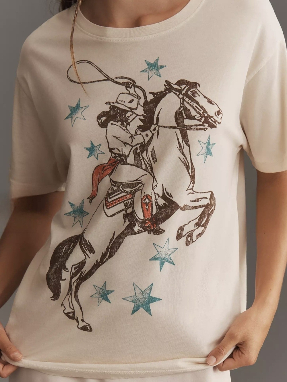 NWT Daydreamer Graphic Cowboy Horse Tee in Cream with Teal Stars